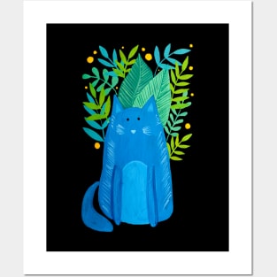 Cat and foliage - blue and green and black Posters and Art
